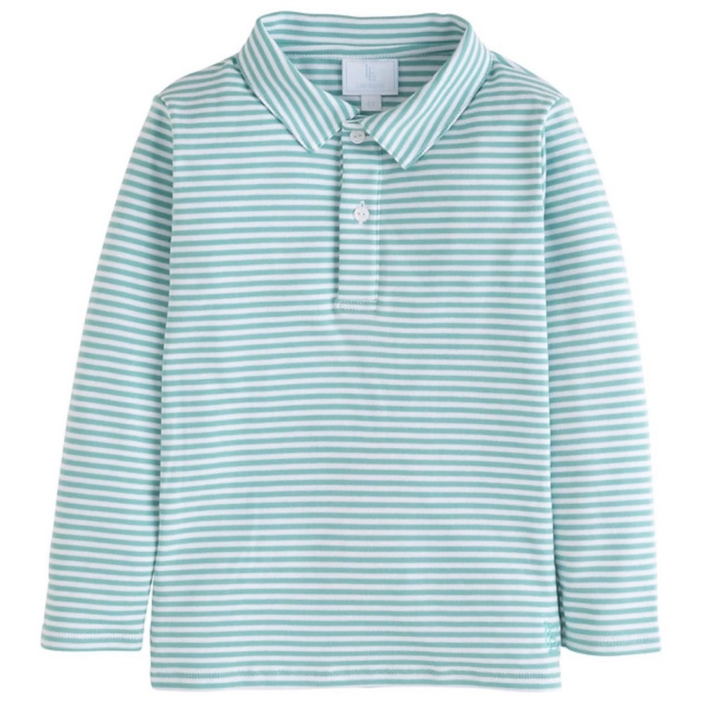 Little English Green and White Striped Long Sleeve Polo Shirt  - Size 12 Months